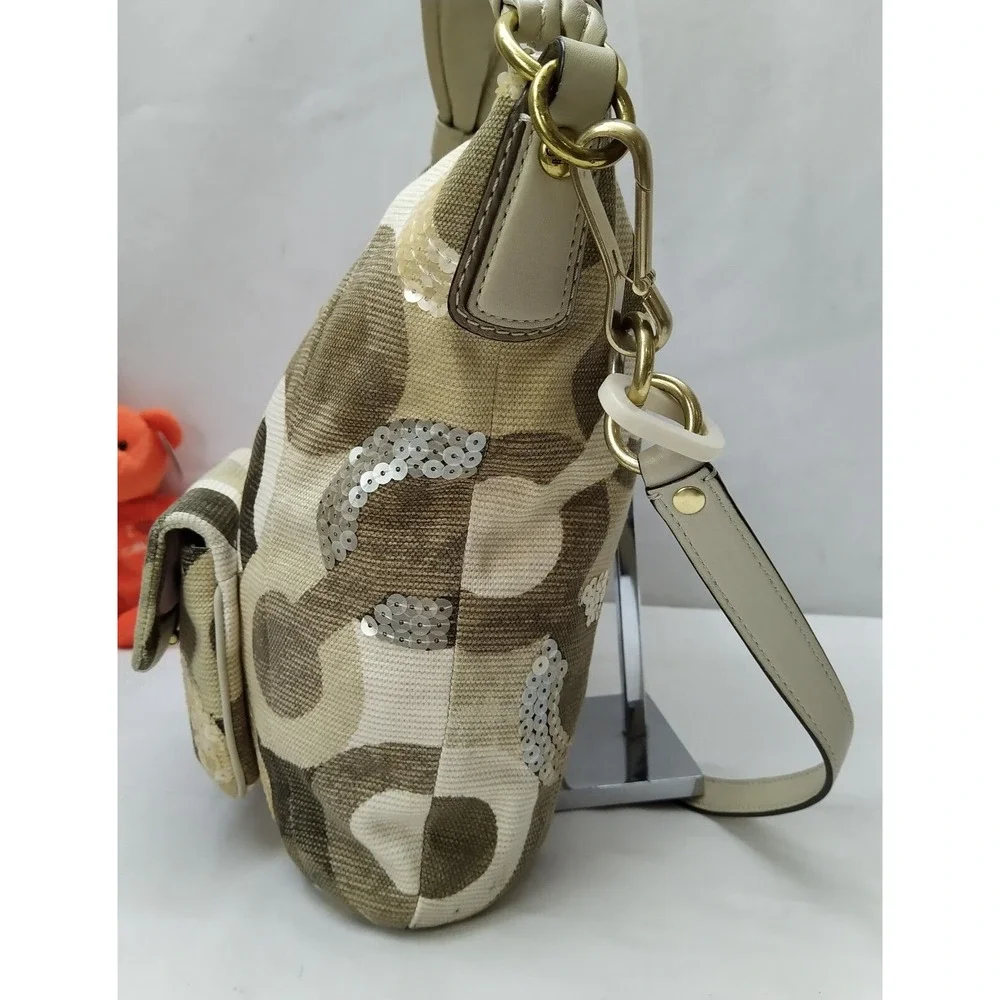 Coach Kristin Signature Siquin Canvas Leather Buckle Zipper Hobo Shoulder Bag